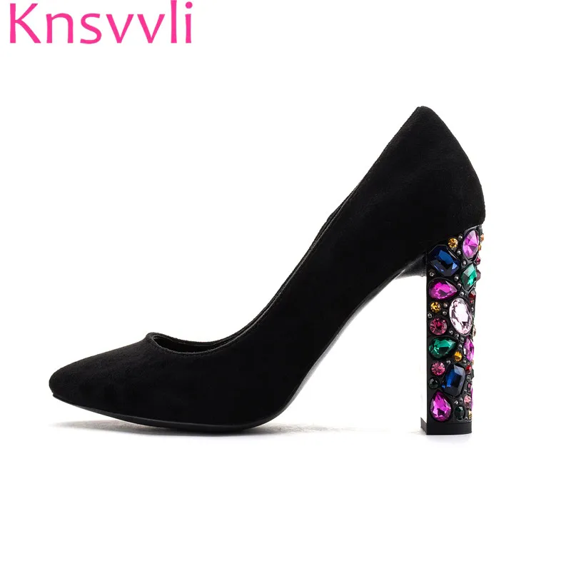 Knsvvli/женские туфли-лодочки черного цвета со стразами на не сужающемся книзу массивном каблуке модные женские туфли из флока на высоком каблуке с круглым носком, стразы - Цвет: Black