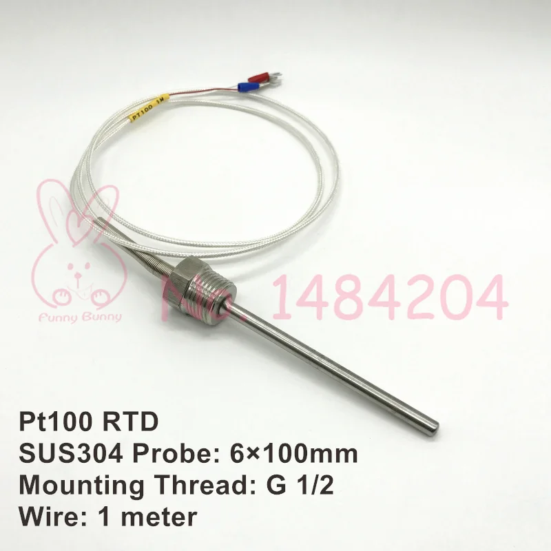 

1x PT100 Temperature Sensor 6mm*100mm RTD SUS304 Probe with G 1/2 G1/4 Mounting Thread 1m 3-core High Temperature Wire