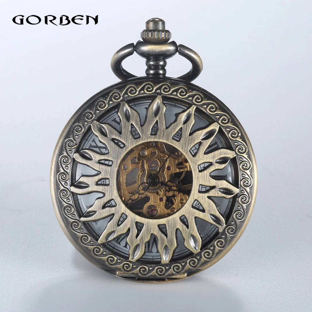 

2016 Vintage Sun Flower Pattern Steampunk Retro Bronze Roman Num Mechanical Pocket Watch Waist Chain 2 Sides Mechanical Watch