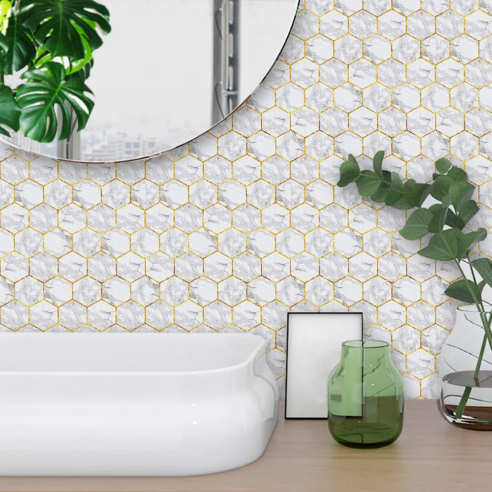 Funlife White Gold Marble Tiles Decal,Modern Self-adhesive Kitchen Wall Stickers Home Decoration Bathroom Waterproof Stickers