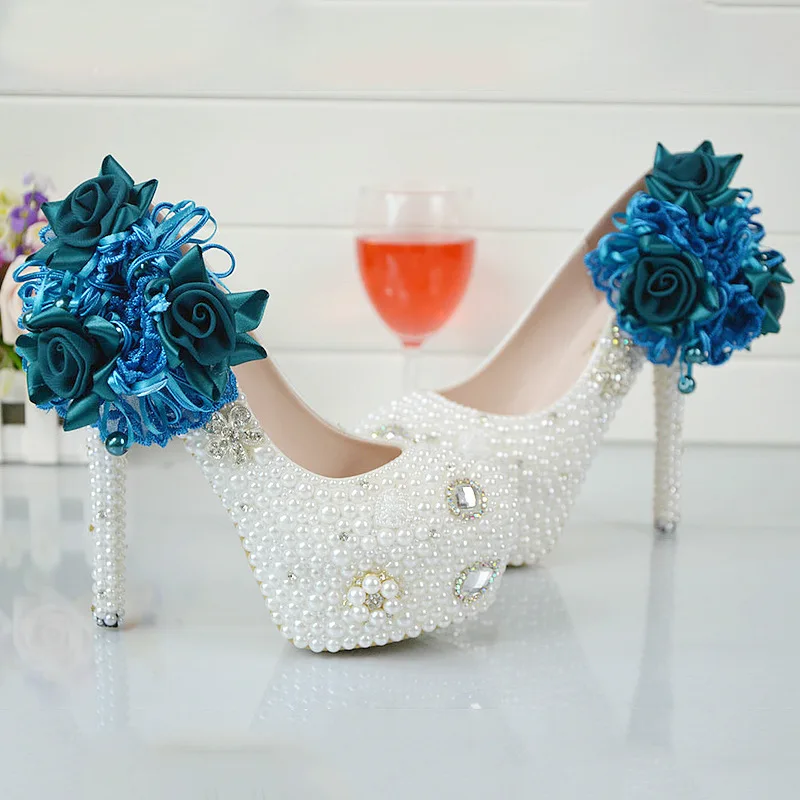 Sapphire Blue Will FLOWER Rhinestone Wedding Shoes Waterproof Platform ...