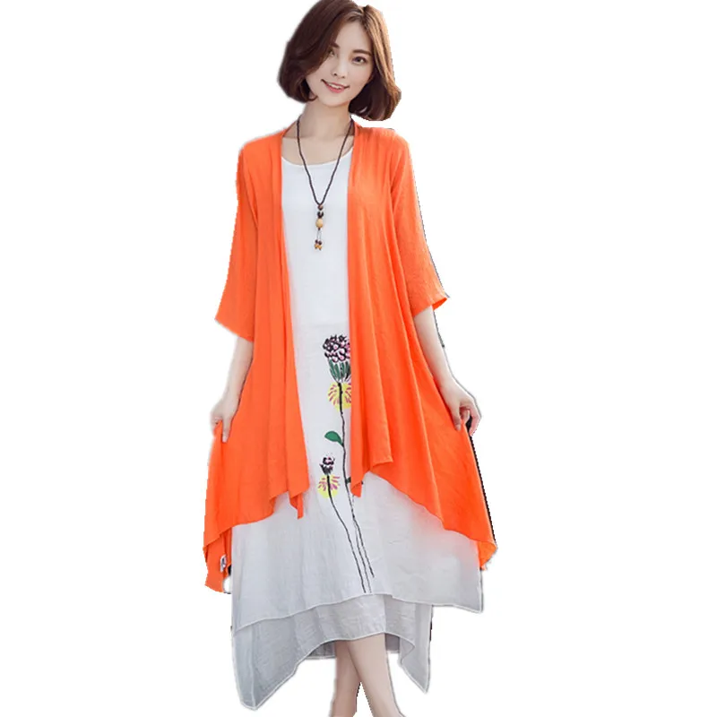 Retro 2019 Women Dress Soft Linen Cotton kimono Vintage Print Floral Two Piece Set Plus Size Long Summer Vestidos | Женская одежда
