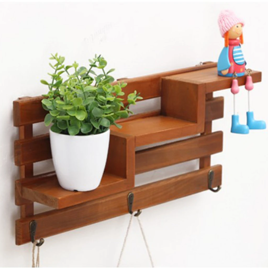 Baoblaze Wooden 3-tier Stair Shelves Organizer Books Collections Display Shelf Storage Rack with Key Hooks, Wall Mounted