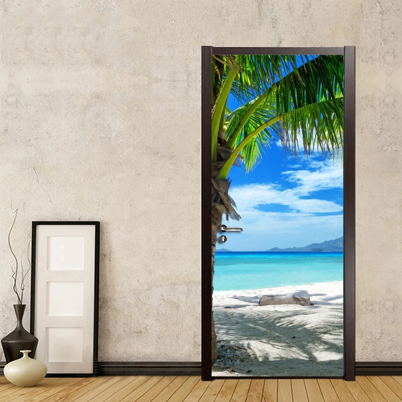 Custom Photo Wallpaper Murals 3D Blue Sky White Clouds Beach Coconut Trees Wall Painting PVC Self-adhesive Door Mural Sticker conch starfish blue sea beach bathroom shower curtains waterproof tropical ocean palm trees landscape bath screen door curtain