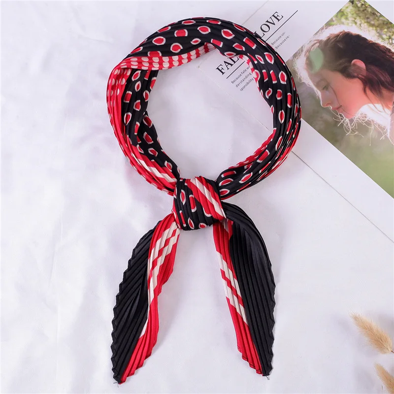 

Women's Small Silk Square Scarf Crinkle Dot Hair Scarfs for Ladies Pleated Scarves Printed Female Bandana Neckerchief 100*30CM