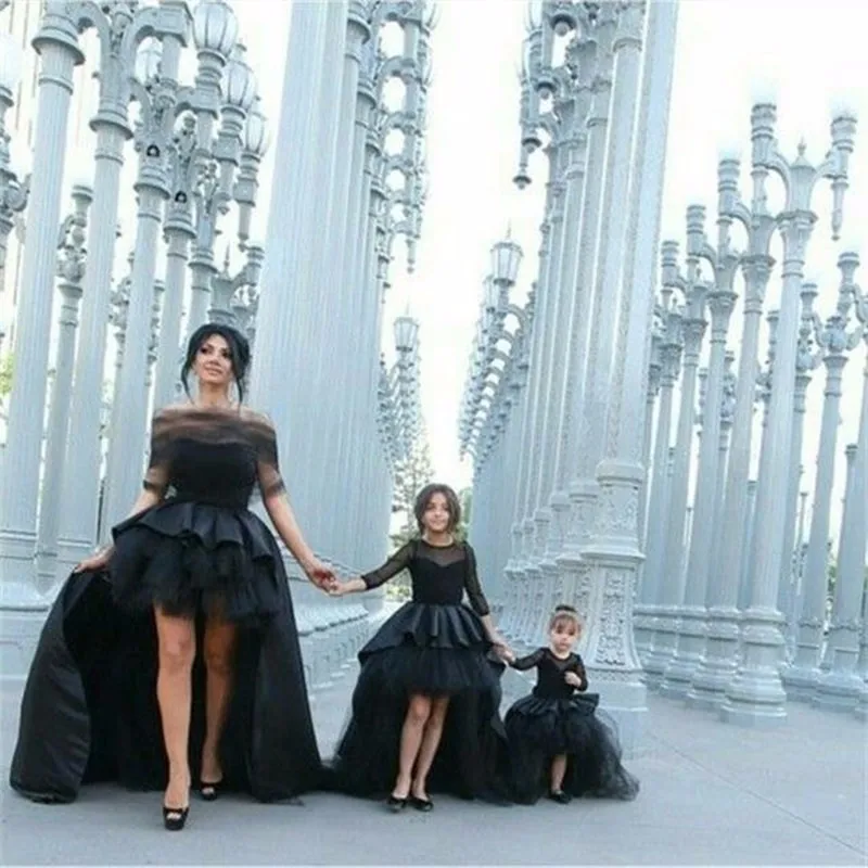 

2019 Custom Made High Quality Romantic Black Ball Gown Front Short Back Long Mother Dress Daughter Matching Party Dresses