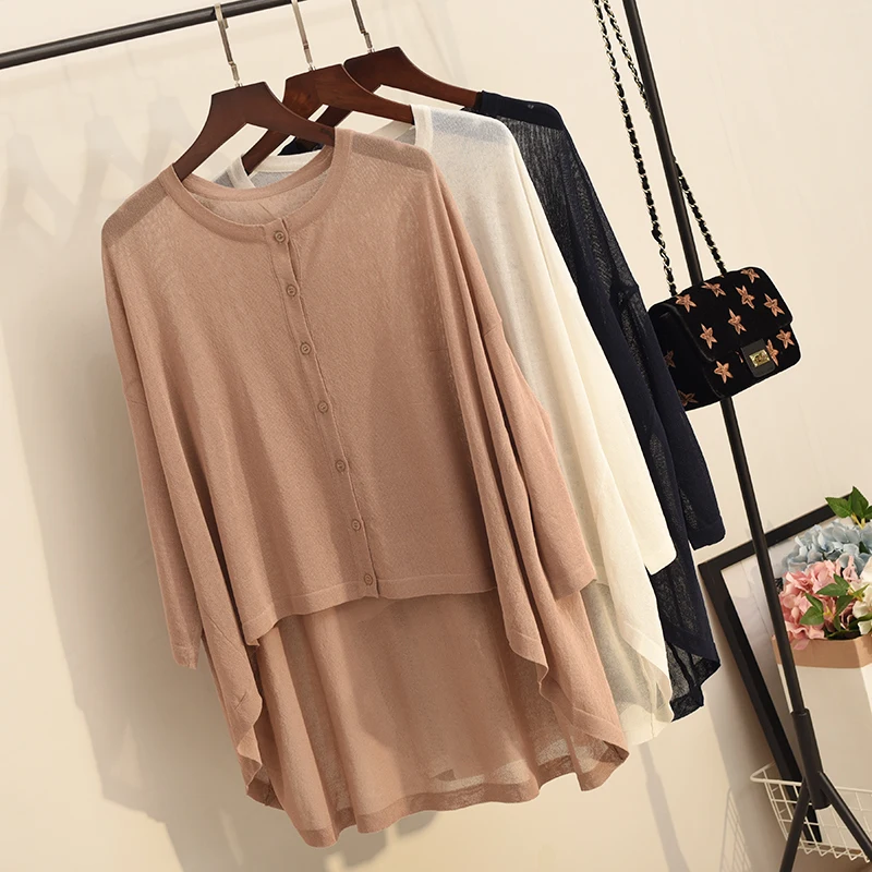 ^Cheap relaxed, big size, irregular bat sleeve, thin linen, linen sweater, cardigan, female sunscreen, air conditioning shirt.