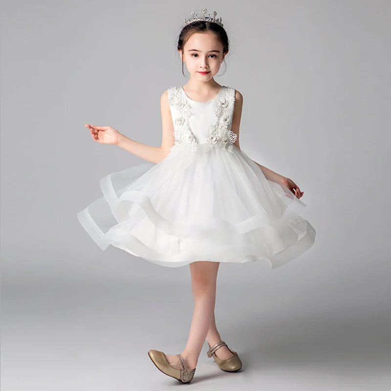 It's Yiya/платье с цветочным узором для девочек, свадебная аппликация, фатиновое бальное платье, Детские вечерние платья для причастия с круглым вырезом, 4 цвета, 3-8 лет, A01 - Цвет: White