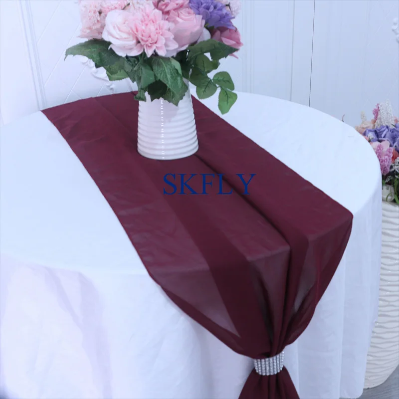 

RU013S many colors custom made new party wedding soft burgindy dark red wine red chiffon table runner with ribbon or buckle