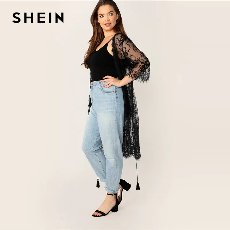 SHEIN Plus Size Black Sheer Eyelash Lace Kimono With Tassel Belt Women Summer Boho Half Sleeve Longline Contrast Lace Kimonos SHEIN Plus Size Black Sheer Eyelash Lace Kimono With Tassel Belt Women Summer Boho Half Sleeve Longline Contrast Lace Kimonos