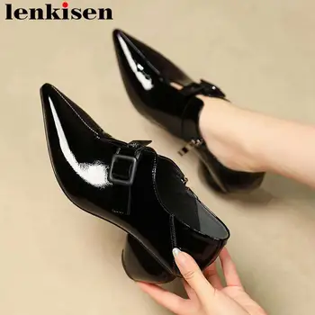 

Lenkisen popular British style zipper high heels oxford women pumps pointed toe large size buckle belt rivets casual shoes L6f5