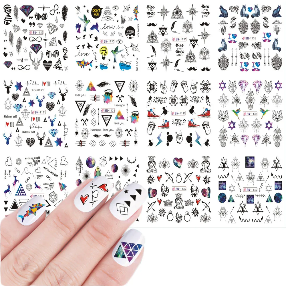 12 видов конструкций наклейка для водяного переноса изображения на ноготь треугольник звезды геометрической формы перо Животное Шаблон наклейка Слайдеры для ногтей JIBN1129-1140