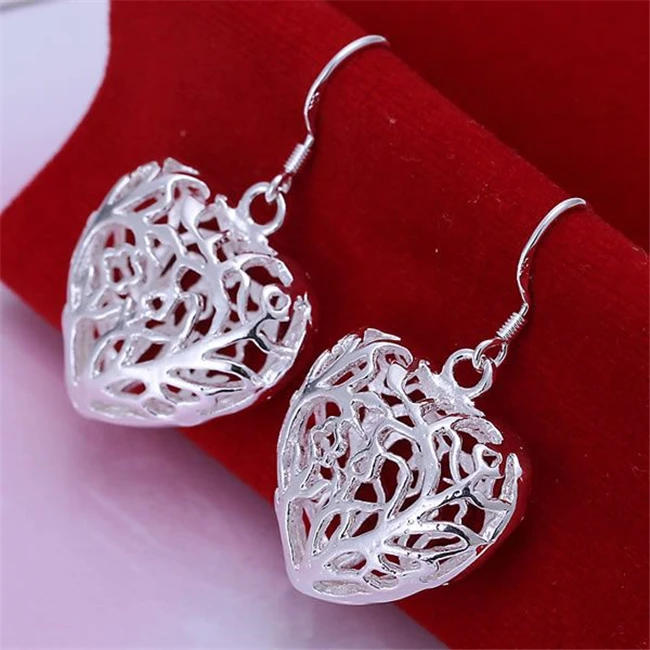 

925 Jewelry Silver Plated Wholesale Free Shipping Earrings for woman&man Fashion Jewelry Solid Heart Earrings E075 /axiajopa
