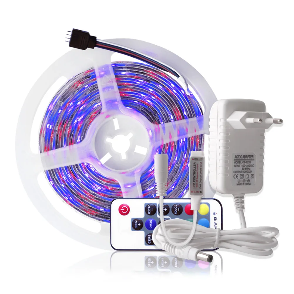 

RGB LED Strip Waterproof 2835 DC12V 5M Fita LED Lights Fleixble Neon Tape Ledstrip + 17Keys RF Controller + 12V 2A Power Adapter