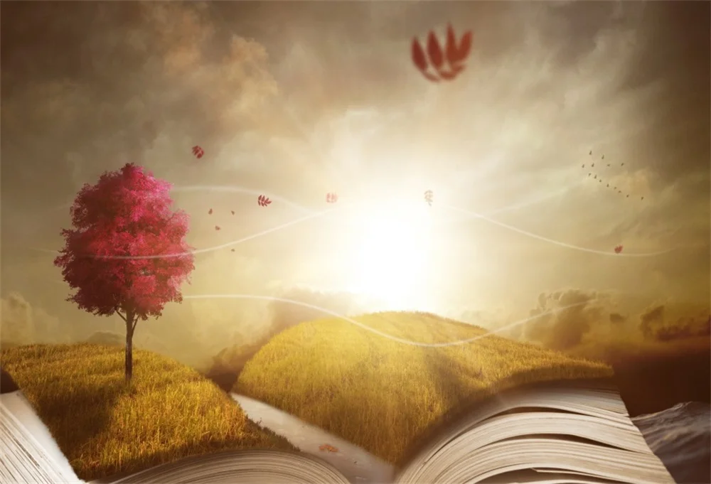

Laeacco Opened Book Grassland Tree Light Fantasy Photographic Backgrounds Customized Photography Backdrops For Photo Studio