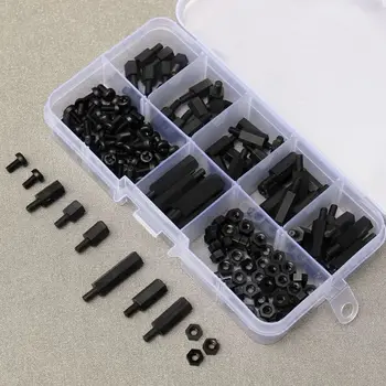 

180Pcs M3 2 Size Black Nylon Hex Column Male-Female Standoff Spacers Screw Nut Kit Box