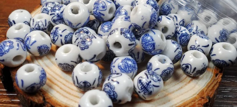 Handmade Blue and White Ceramic Flower Beads – 50Pcs Set