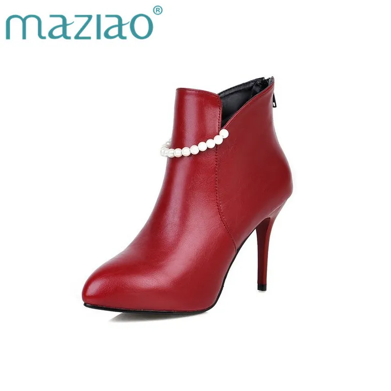 

MAZIAO 2018 Black Sexy Pointed Toe Style Ankle Boots 9CM Thin High Heel Zipper Beading Women Motorcycle Boots Size 34-43