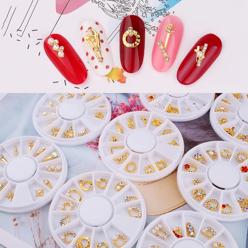 

3D Nail Charm Alloy 1Wheel=12Pc Metal Rhinestones Nail Art Decorations Bows,Flowers,Pearls,Crown MAFANAILS Nail Jewelry Supplies