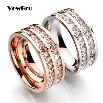

VowBro Hot Jewelry Stainless Steel Double Rows Crystal Finger Mid Ring Titanium Rose Gold Rhinestone Wedding Rings for Women Men