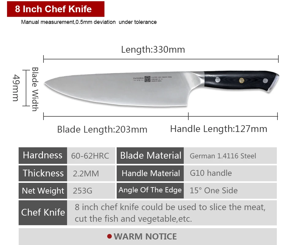 FANGZUO кухонный нож шеф-повара G10 ручка нож 8 ''кухонный нож Германия 1,4116 профессиональный нож из нержавеющей стали Кливер