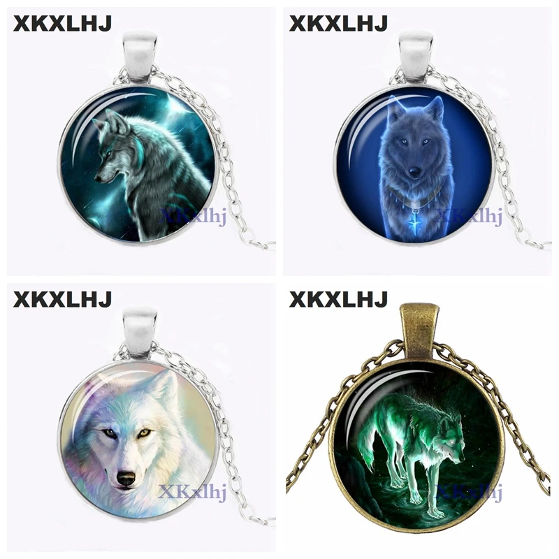 

XKXLHJ Wolf Cabochon Glass Pendant Necklace Fashion Jewelry Silver Plated Chain in Dark Necklace Collares