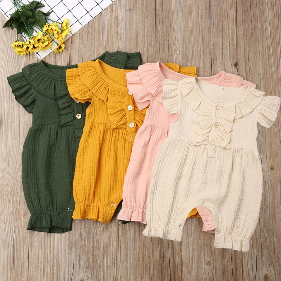 Summer Infant Baby Boys&Girls Fly Sleeve Ruffles Solid Romper Jumpsuit Clothes bebek tulum baby jumpsuit linen baby clothes