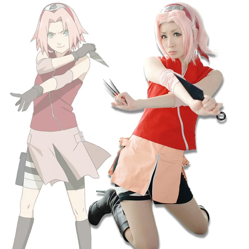 

Naruto Shippuuden Cosplay Haruno Sakura 2nd Generation Full Combo Set Costume suit (Tops + Skirt + Oversleeve)