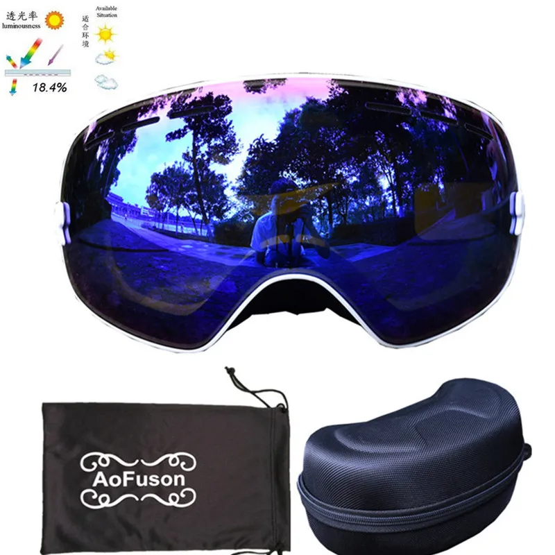 Брендовые лыжные очки, двухслойные противотуманные линзы, очки для сноуборда, большие сферические маски, снежные снегоходные очки и чехол - Цвет: White-b