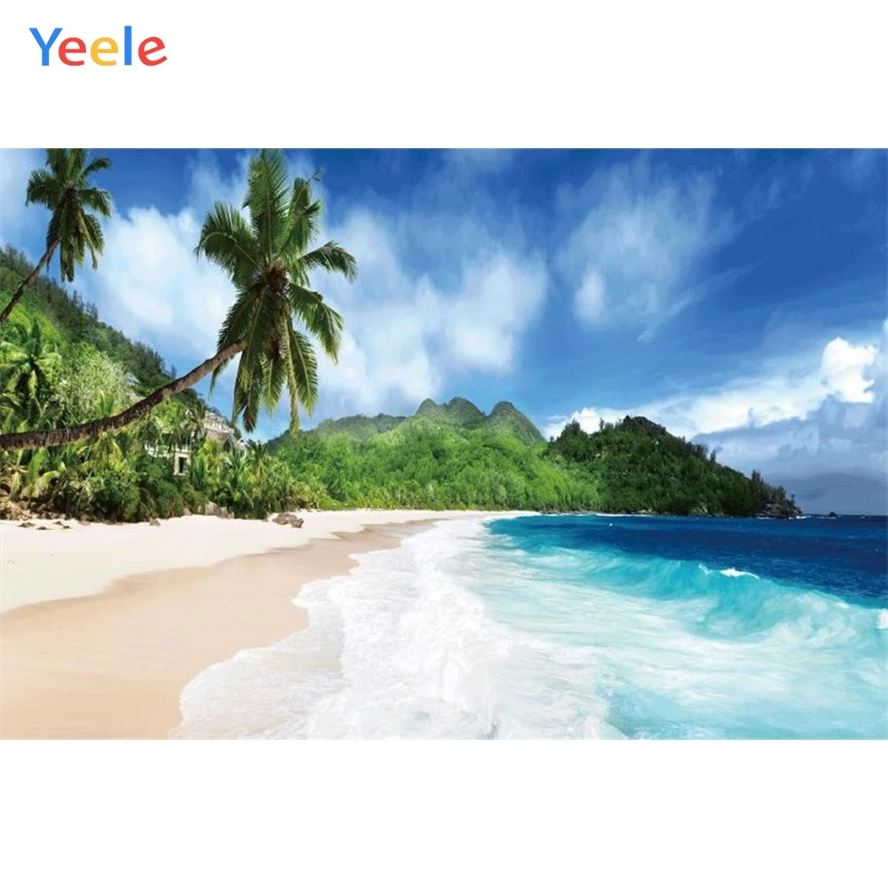

Yeele Photographic Backdrops Blue Sky Seaside Waves Beach Palm Tree Scenic Photography Backgrounds Customized For Photo Studio