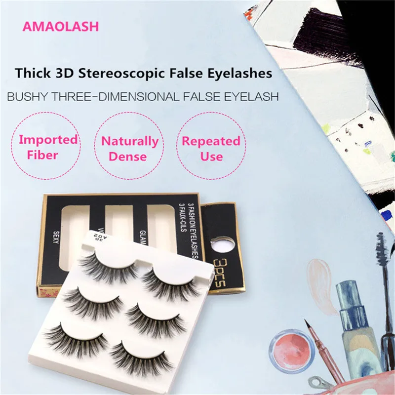 AMAOLASH 3 пары накладные ресницы A02 3D шелковые натуральный большой объем мягкие