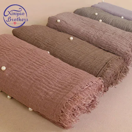 

Ladies Fashion Bubble Cotton Beads Wrinkle Scarf Shawl Plain Crumple Pearl Wrap Foulard Pashmina Muslim Headband Hijab 190*100Cm