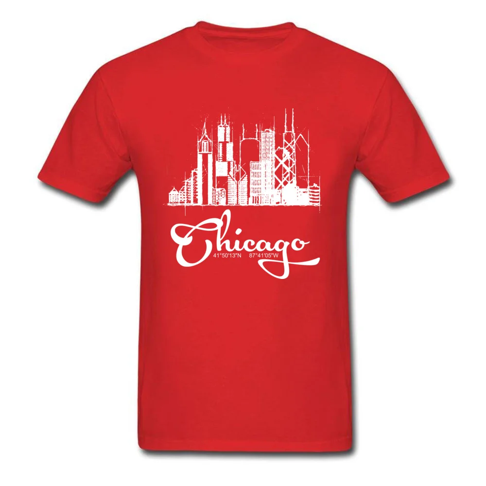 Design Pure Cotton Male Short Sleeve Tops Shirt Summer Summer/Autumn Top T-shirts Printed On Tee-Shirt Family Crewneck Chicago skyline sketch and GPS coordinates tee red