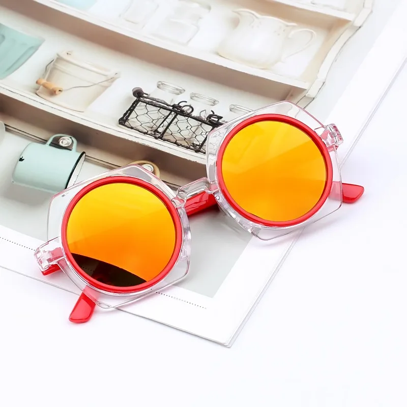 Модная многоугольная рамка, солнцезащитные очки для мальчиков и девочек, круглые линзы, отражающие зеркальные очки с защитой от УФ-лучей для детей, детские солнцезащитные очки