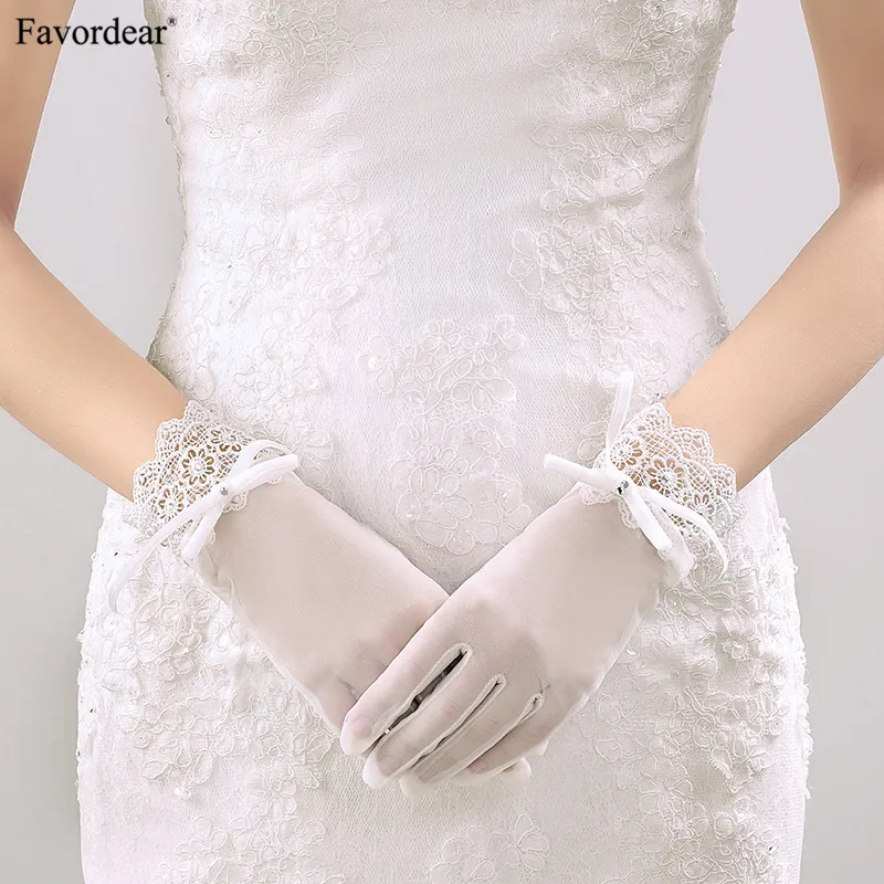 Favordear Wedding Gloves for Bride Sheer Gloves Lace Edge Finger Short Gloves with Bow Short
