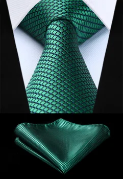 

TC614G8S Men Fashion Green Check & Plaid 3.4" Silk Woven Men Tie Necktie Handkerchief Set