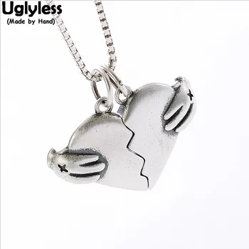 

Uglyless 1 pair Real 925 Silver Lovers Pendants Fine Jewelry for Women Men Heart Necklaces NO Chains Hug LOVE Creative Bijoux
