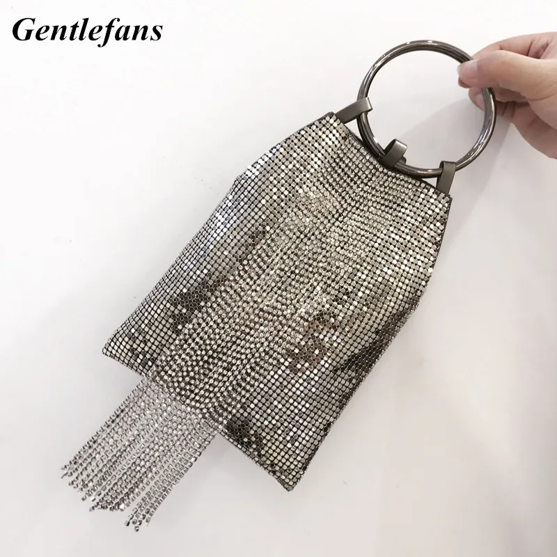 Bling Bling Diamond Tassel Handbag Silver Rhinestone Bright Circle Top