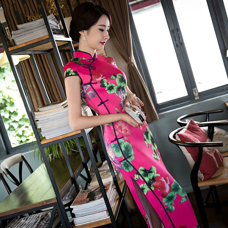 Satin Cheongsam Long Qipao Silk Dress 
