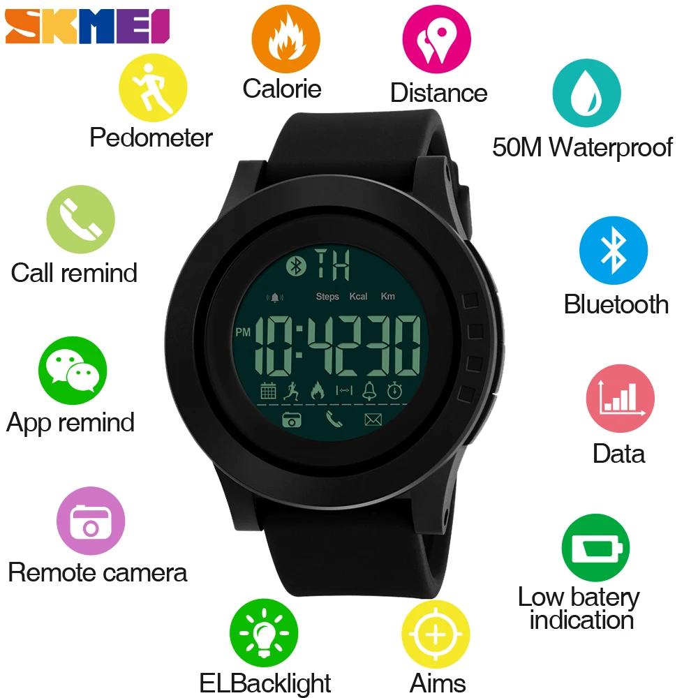 

SKMEI Bluetooth Men Smart Sport Watch Multi-function Intelligent Wristwatch APP Remind Camera Calorie Message Call Reminder