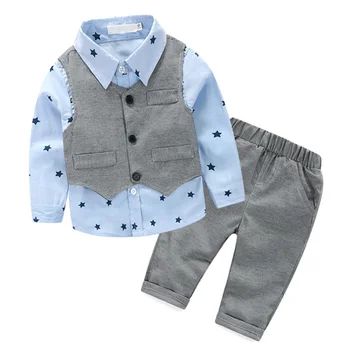 

3 Pcs/Sets Autumn Baby Boy Clothing Set Star Print Shirt + Gray Vest + Pants Gentleman Children Clothes Set