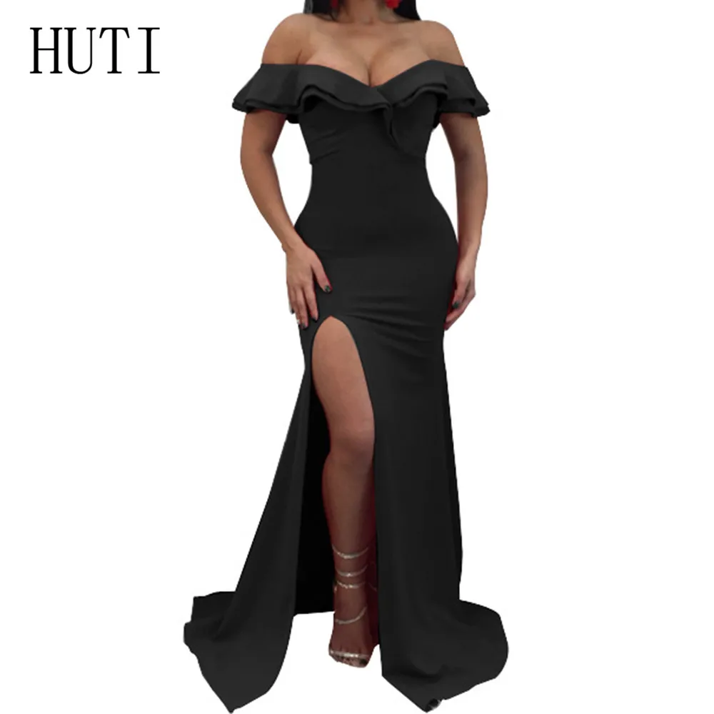 

HUTI Blue Air Layer Ruffled Long Dress Women's Clothing Sexy Off Shoulder V-neck Higt Split Dress Summer Champagne Party Wear