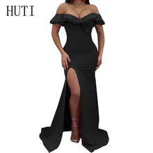 HUTI Blue Air Layer Ruffled Long Dress Women's Clothing Sexy Off Shoulder V-neck Higt Split Dress Summer Champagne Party Wear blue sexy off shoulder over layer ribbed midi dress