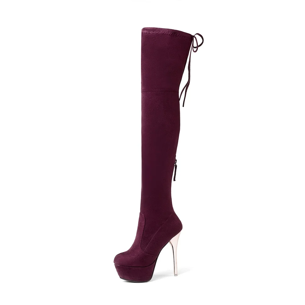 wine red MORAZORA/ г., новые модные женские сапоги ботфорты из флока на платформе осенне-зимние сапоги до бедра на высоком каблуке на молнии - Цвет: wine red