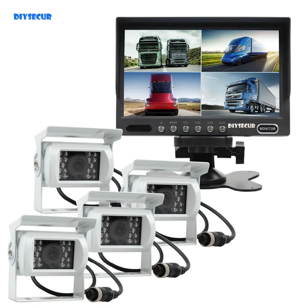 

DIYSECUR 7" 4 Split QUAD Backup Rear View Car Monitor +Waterproof IR Night Vision Reversing Rear View Camera White for Truck Bus
