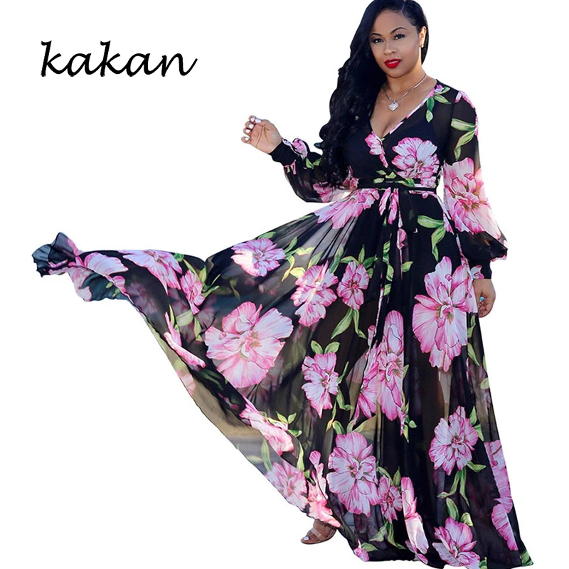 

Kakan summer new women's printed chiffon long dress bohemian beach fashion wind big dress dress large size women's S-3XL-5XL