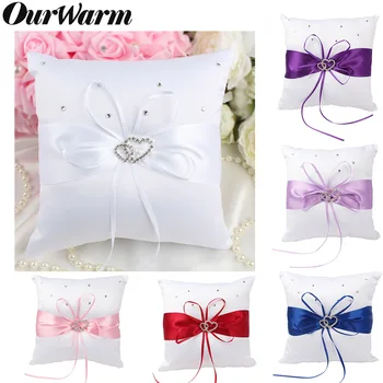 

OurWarm 20x20cm European Wedding Decor Ring Pillow Ribbon Bowknot Rhinestones Double Heart Satin Cushion Wedding Party Supplies
