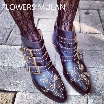

Women Winter Boots Punk Style Women Real Leather Buckle Rivet Pointed Toe Ankle Boots Metal Rock Motorcycle Boots botas mujer