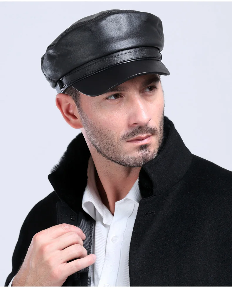 Для мужчин кожаные овчины Hat взрослых Зимний отдых шляпа студент британский стиль шляпа Приплюснутые темно-Кепки B-8380