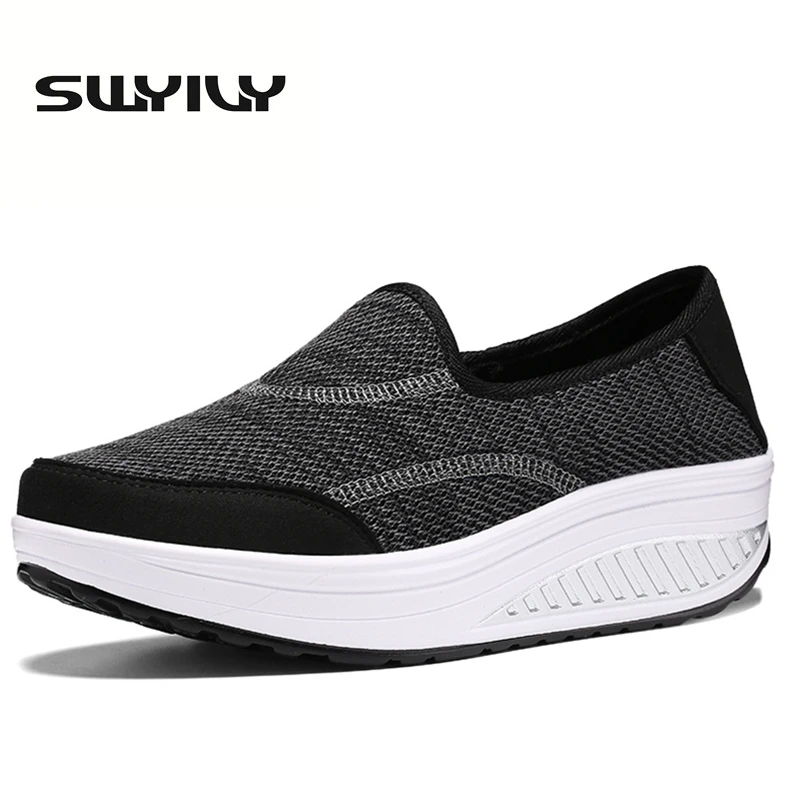 Mesh Breathable 4.5CM Wedges Round Toe Comfortable Women Toning Shoes Slip-on Autumn Solid Color Loss Weight Swing Sneakers